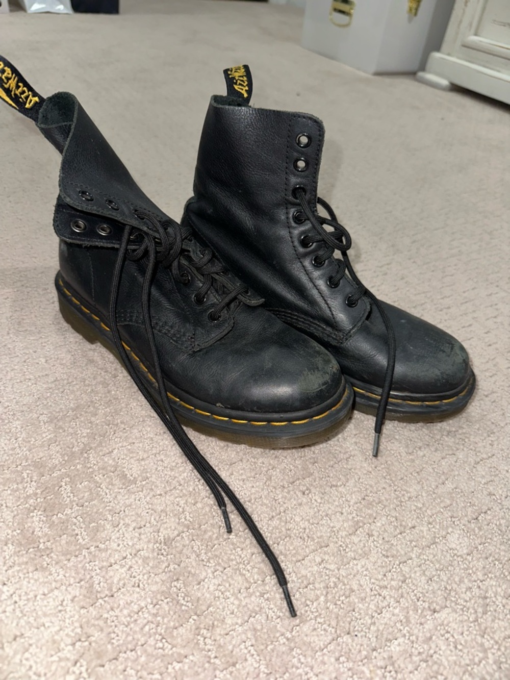 Dr. Martens Black Leather 8-Eye Lace-Up Boot with Yellow Stitching - Picture 2 of 8